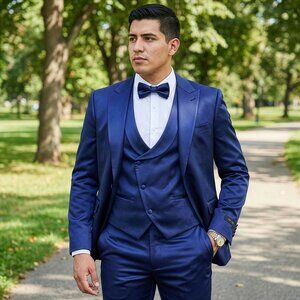 New 2026 Mens 3pc Solid Shiny Satin Blue Suit Set, Skinny Fit
